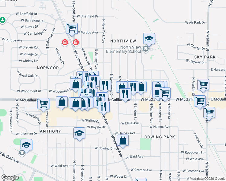 map of restaurants, bars, coffee shops, grocery stores, and more near 3307 North Lanewood Drive in Muncie