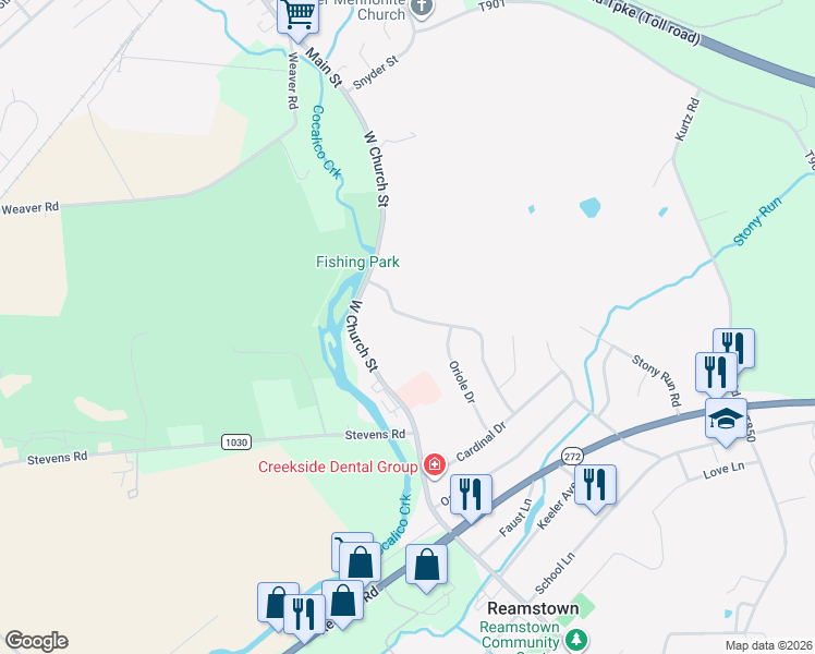 map of restaurants, bars, coffee shops, grocery stores, and more near 17 Blue Jay Drive in Stevens