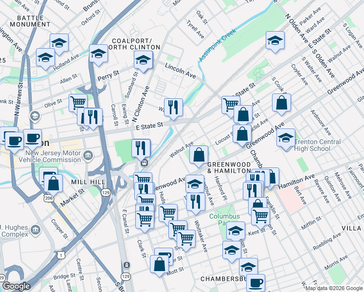 map of restaurants, bars, coffee shops, grocery stores, and more near 6 Hollywood Avenue in Trenton