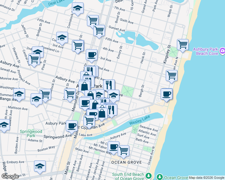 map of restaurants, bars, coffee shops, grocery stores, and more near 512 Asbury Avenue in Asbury Park