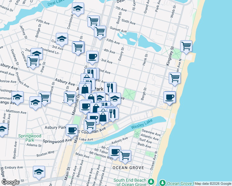 map of restaurants, bars, coffee shops, grocery stores, and more near 512 Asbury Avenue in Asbury Park