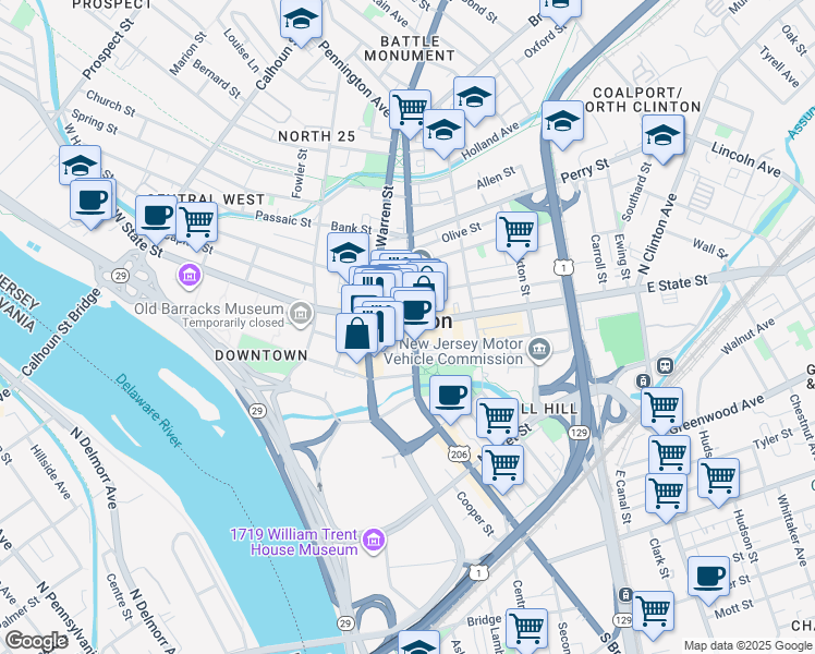 map of restaurants, bars, coffee shops, grocery stores, and more near in Trenton