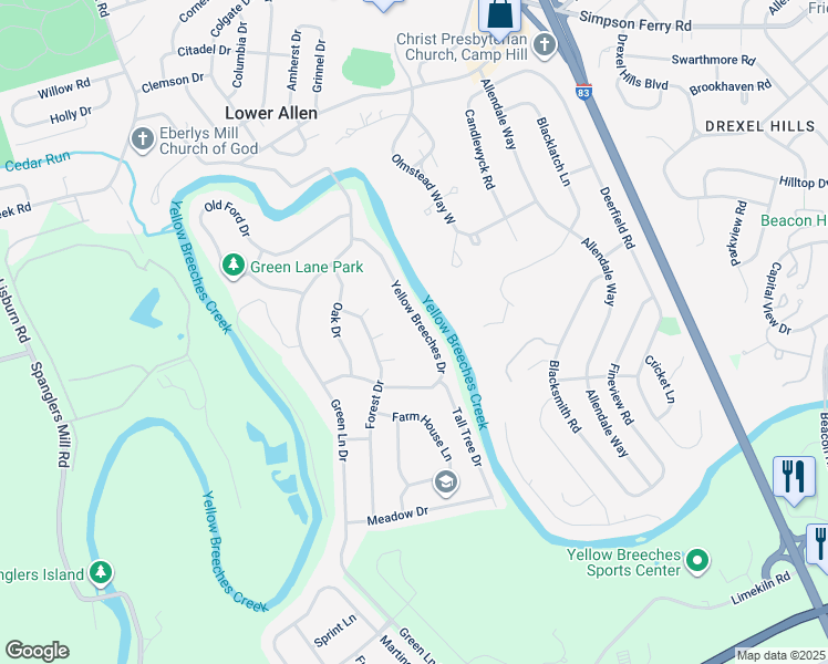 map of restaurants, bars, coffee shops, grocery stores, and more near 126 Yellow Breeches Drive in Camp Hill
