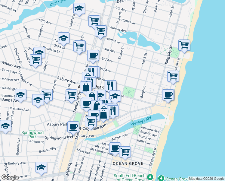 map of restaurants, bars, coffee shops, grocery stores, and more near 512 Asbury Avenue in Asbury Park