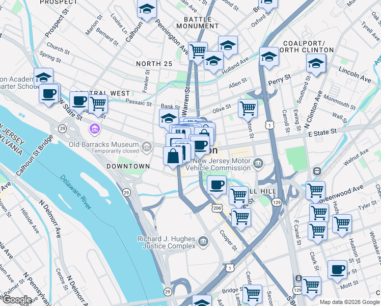 map of restaurants, bars, coffee shops, grocery stores, and more near in Trenton