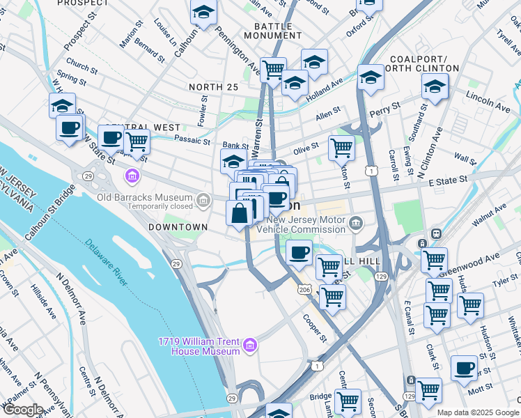 map of restaurants, bars, coffee shops, grocery stores, and more near in Trenton