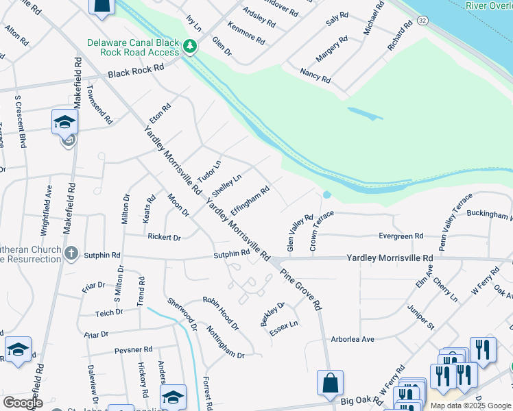 map of restaurants, bars, coffee shops, grocery stores, and more near 10 Effingham Road in Yardley