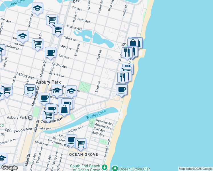 map of restaurants, bars, coffee shops, grocery stores, and more near 903 Kingsley Street in Asbury Park
