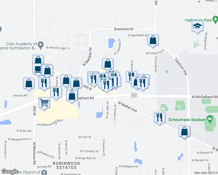map of restaurants, bars, coffee shops, grocery stores, and more near 3301 North Chadam Lane in Muncie