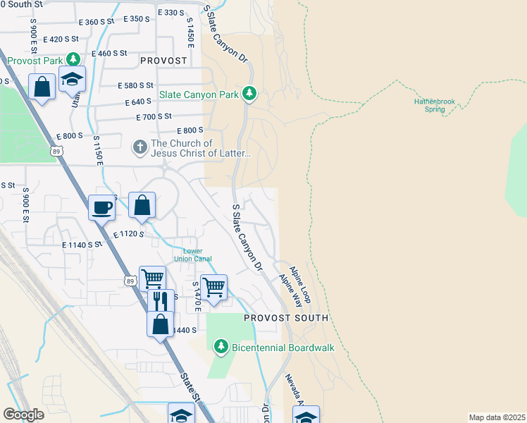 map of restaurants, bars, coffee shops, grocery stores, and more near 3 East 1080 South in Provo