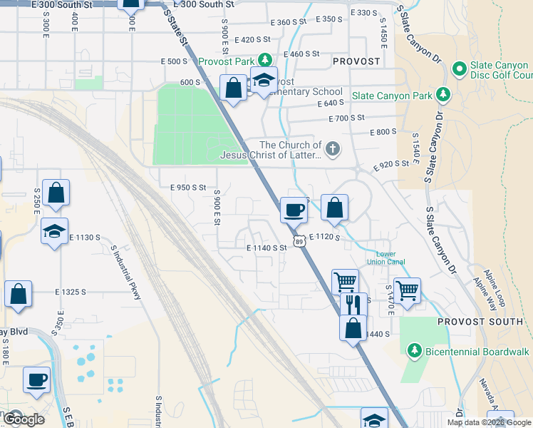 map of restaurants, bars, coffee shops, grocery stores, and more near 1103 South 1000 East in Provo