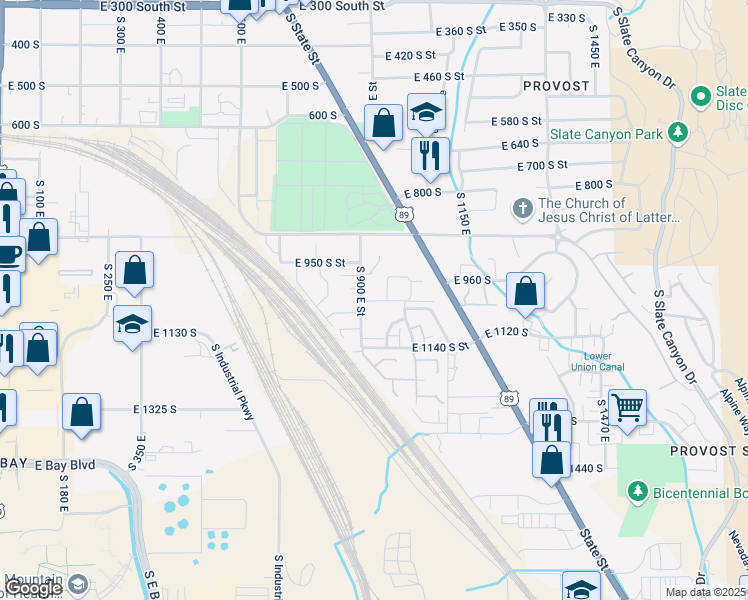 map of restaurants, bars, coffee shops, grocery stores, and more near 1062 South 950 East in Provo