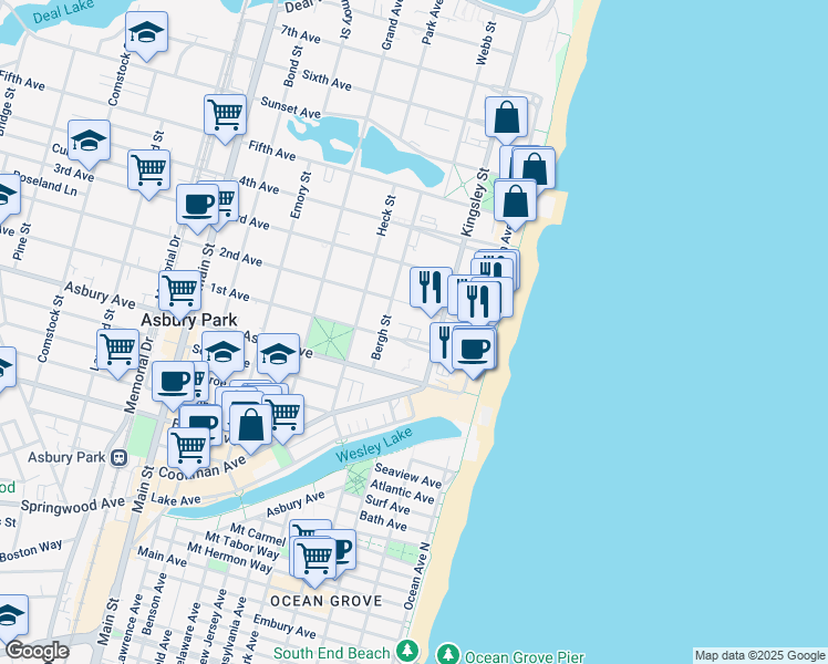 map of restaurants, bars, coffee shops, grocery stores, and more near 903 Kingsley Street in Asbury Park