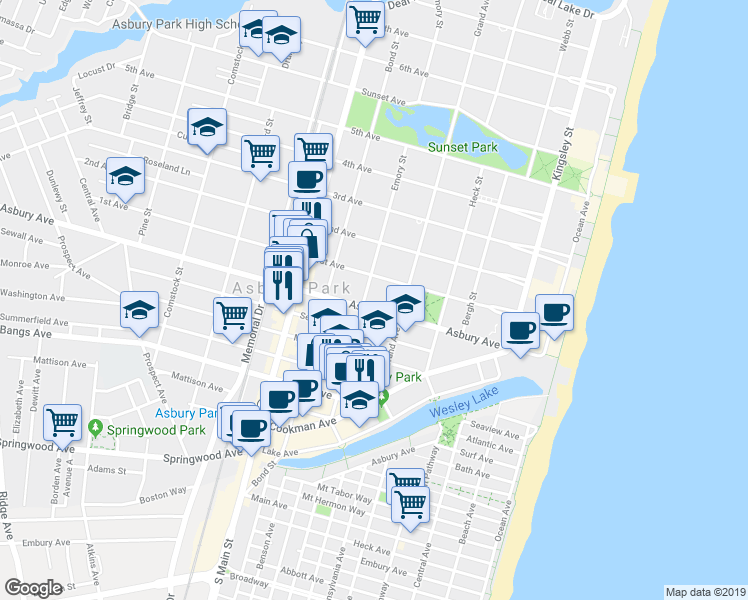 map of restaurants, bars, coffee shops, grocery stores, and more near 512 Asbury Avenue in Asbury Park