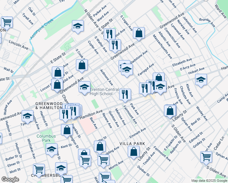 map of restaurants, bars, coffee shops, grocery stores, and more near 410 South Cook Avenue in Trenton