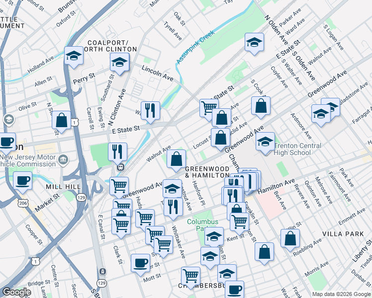 map of restaurants, bars, coffee shops, grocery stores, and more near 527 Monmouth Street in Trenton