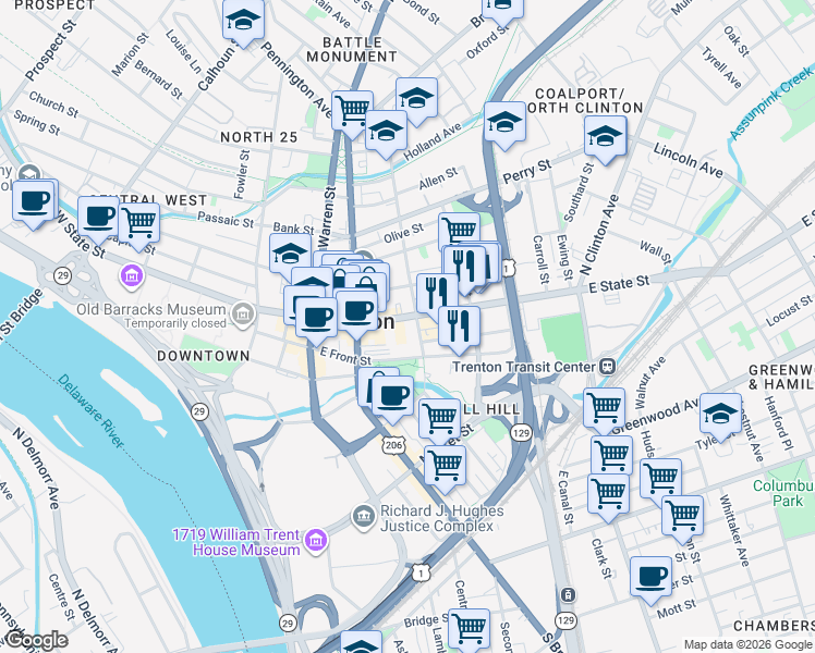 map of restaurants, bars, coffee shops, grocery stores, and more near 20 South Montgomery Street in Trenton