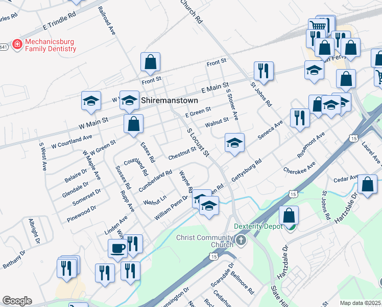 map of restaurants, bars, coffee shops, grocery stores, and more near 32 Chestnut Street in Camp Hill