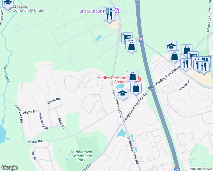 map of restaurants, bars, coffee shops, grocery stores, and more near 165 Shady Brook Drive in Langhorne