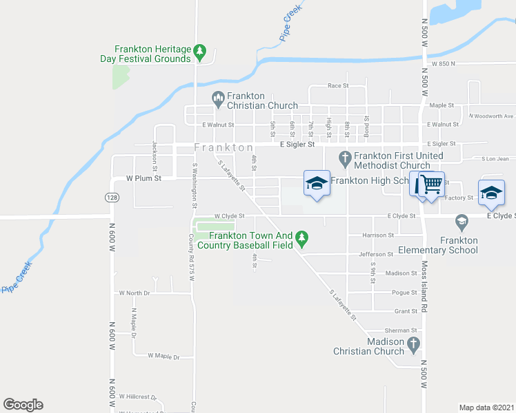 map of restaurants, bars, coffee shops, grocery stores, and more near 622 South Lafayette Street in Frankton