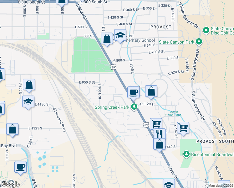 map of restaurants, bars, coffee shops, grocery stores, and more near 1103 South 1000 East in Provo