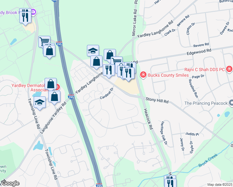 map of restaurants, bars, coffee shops, grocery stores, and more near 681A Rose Hollow Drive in Yardley