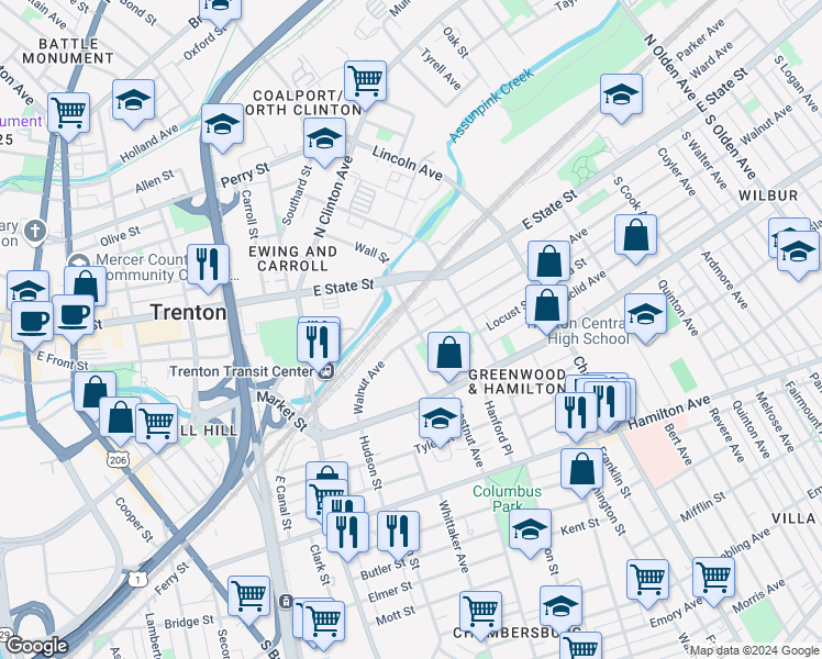 map of restaurants, bars, coffee shops, grocery stores, and more near 51 Chestnut Avenue in Trenton