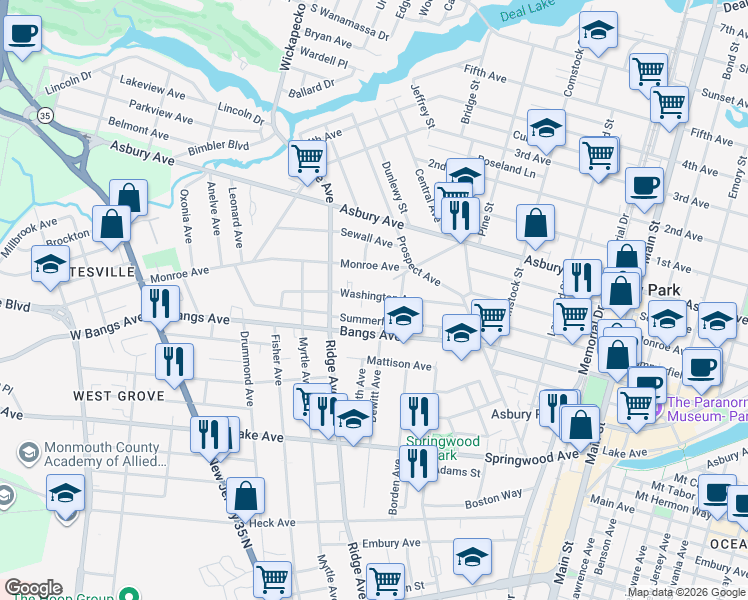 map of restaurants, bars, coffee shops, grocery stores, and more near 1509 Summerfield Avenue in Asbury Park
