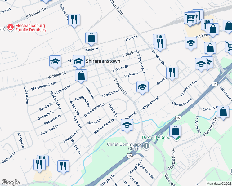 map of restaurants, bars, coffee shops, grocery stores, and more near 32 Chestnut Street in Camp Hill