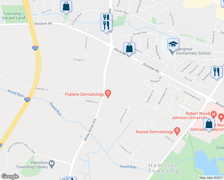 map of restaurants, bars, coffee shops, grocery stores, and more near 1645 Whitehorse Mercerville Road in Hamilton Township