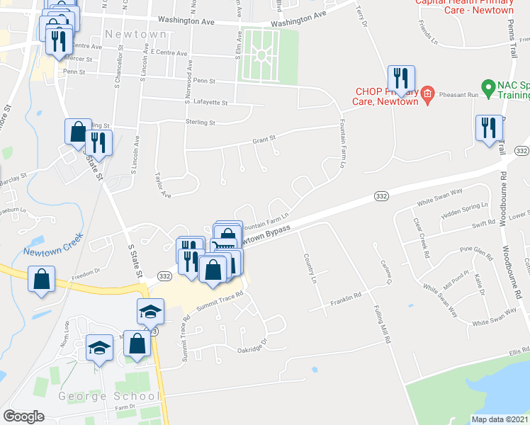 map of restaurants, bars, coffee shops, grocery stores, and more near 7 Gaylord Court in Newtown