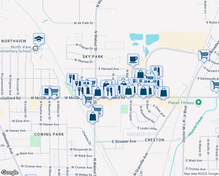 map of restaurants, bars, coffee shops, grocery stores, and more near 3305 North Jefferson Street in Muncie