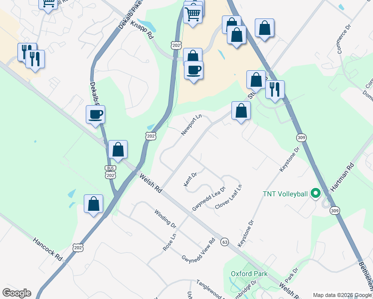 map of restaurants, bars, coffee shops, grocery stores, and more near 203 Stump Road in North Wales