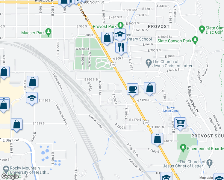 map of restaurants, bars, coffee shops, grocery stores, and more near 997 East 1060 South in Provo