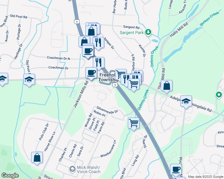 map of restaurants, bars, coffee shops, grocery stores, and more near 2202 Devon Drive in Freehold Township