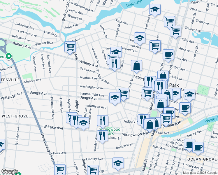 map of restaurants, bars, coffee shops, grocery stores, and more near 1305 Summerfield Avenue in Asbury Park
