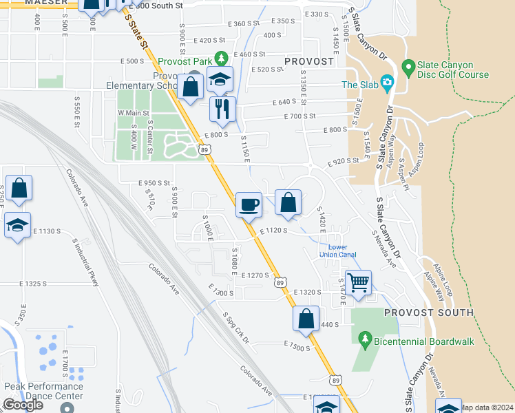map of restaurants, bars, coffee shops, grocery stores, and more near 1105 South State Street in Provo