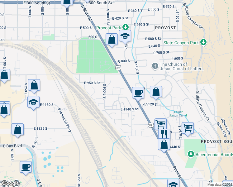 map of restaurants, bars, coffee shops, grocery stores, and more near 1062 South 950 East in Provo