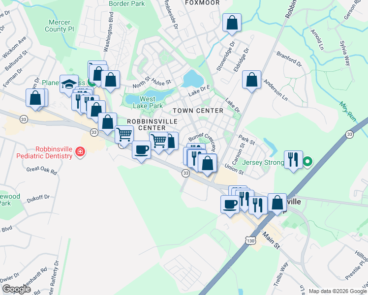 map of restaurants, bars, coffee shops, grocery stores, and more near 68 Union Street in Robbinsville Township