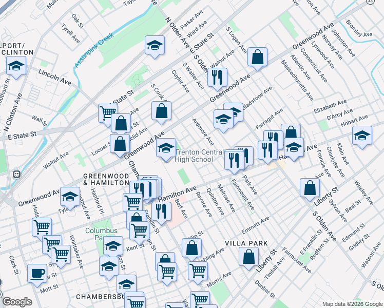 map of restaurants, bars, coffee shops, grocery stores, and more near 770 Quinton Avenue in Trenton
