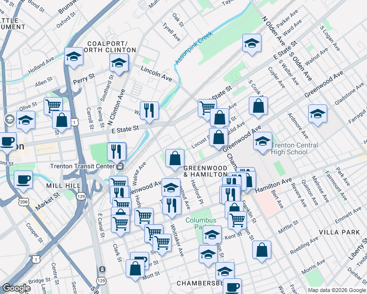 map of restaurants, bars, coffee shops, grocery stores, and more near 21 Faircrest Avenue in Trenton