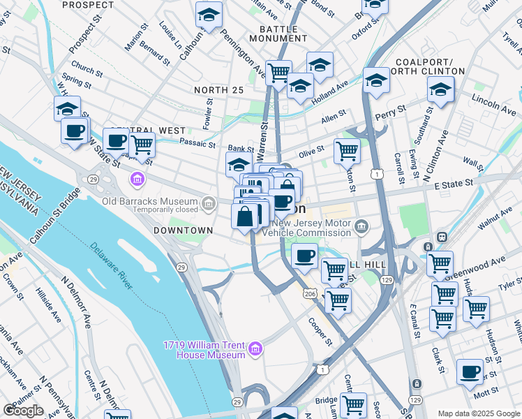 map of restaurants, bars, coffee shops, grocery stores, and more near 28 Lincoln Highway in Trenton