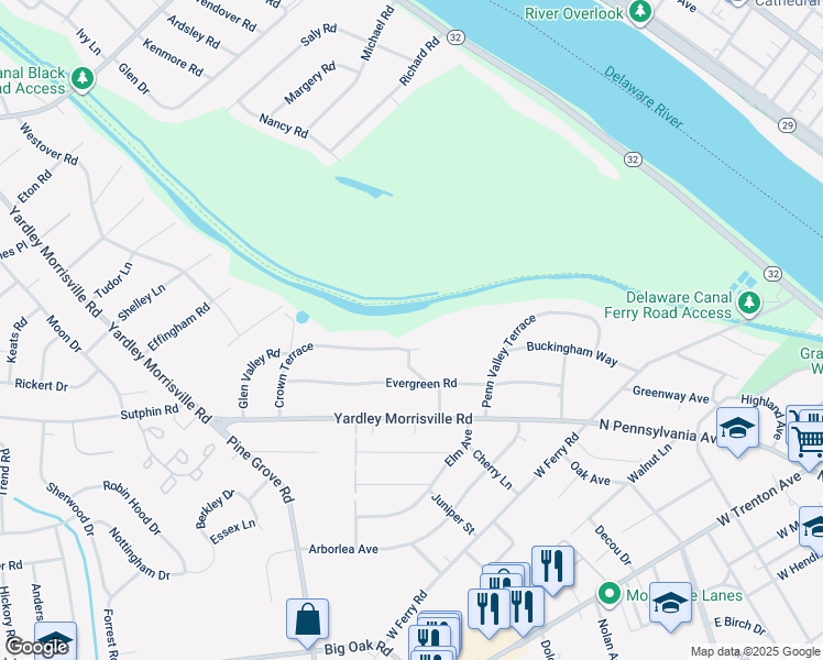 map of restaurants, bars, coffee shops, grocery stores, and more near 12 Crown Terrace in Yardley