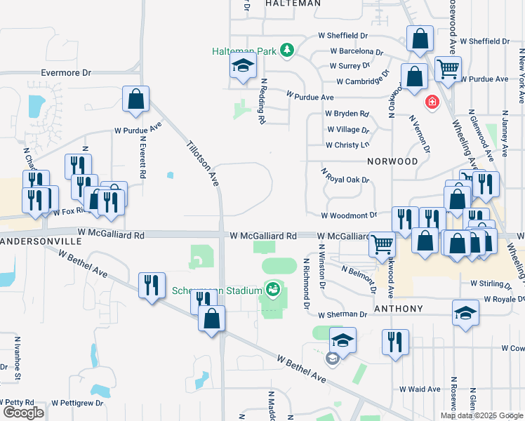 map of restaurants, bars, coffee shops, grocery stores, and more near 3460 North Tillotson Avenue in Muncie