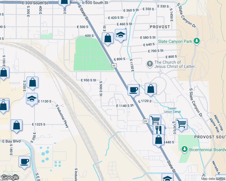 map of restaurants, bars, coffee shops, grocery stores, and more near 997 East 1060 South in Provo
