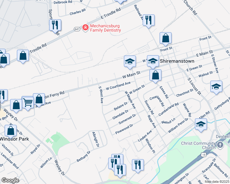 map of restaurants, bars, coffee shops, grocery stores, and more near 303 West Maple Avenue in Shiremanstown