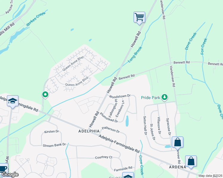 map of restaurants, bars, coffee shops, grocery stores, and more near 2 Woodstown Drive in Freehold