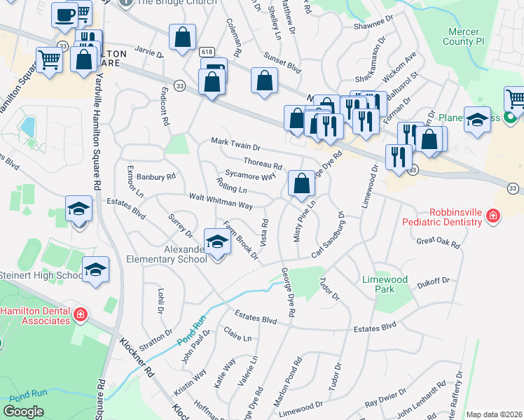 map of restaurants, bars, coffee shops, grocery stores, and more near 20 Mill Bend Road in Hamilton Township