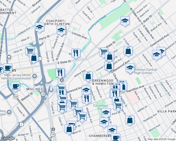 map of restaurants, bars, coffee shops, grocery stores, and more near 21 Faircrest Avenue in Trenton