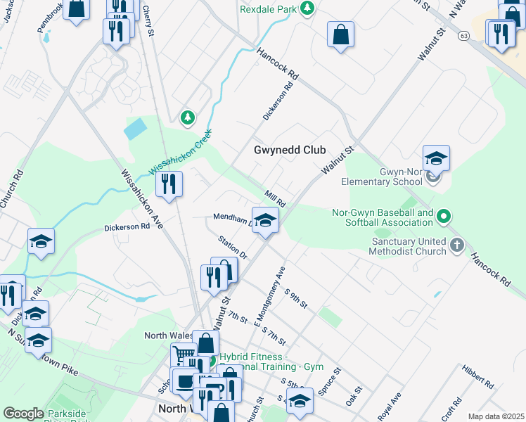 map of restaurants, bars, coffee shops, grocery stores, and more near 116 Arbour Court in North Wales